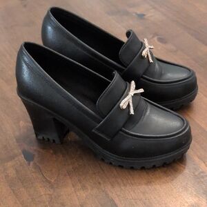 Black Chunky Heel Loafer with Bow Accent - Women's Shoes